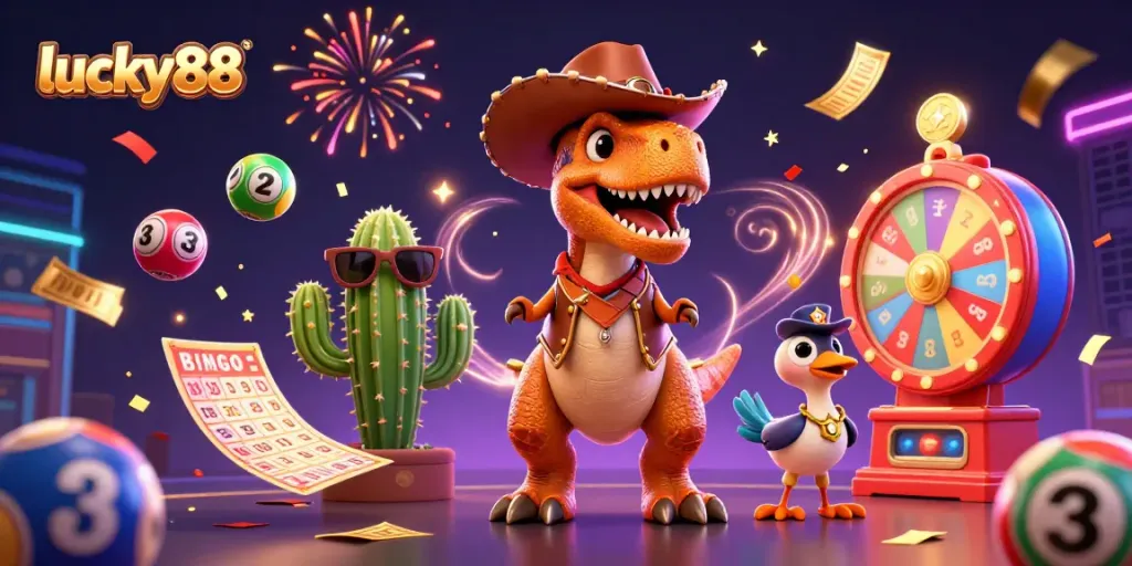 Spin to win at lucky88 with vibrant 3D elements and engaging characters in a dynamic casino scene.
