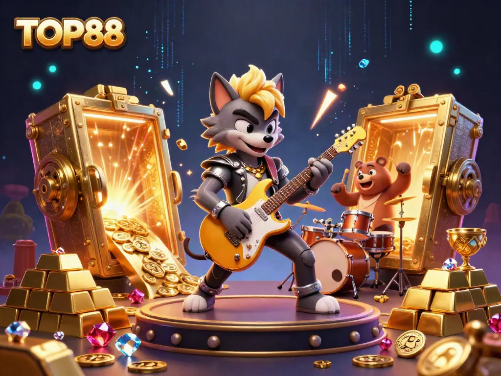 Experience the exciting world of TOP88 with a vibrant casino scene and a rock star wolf.