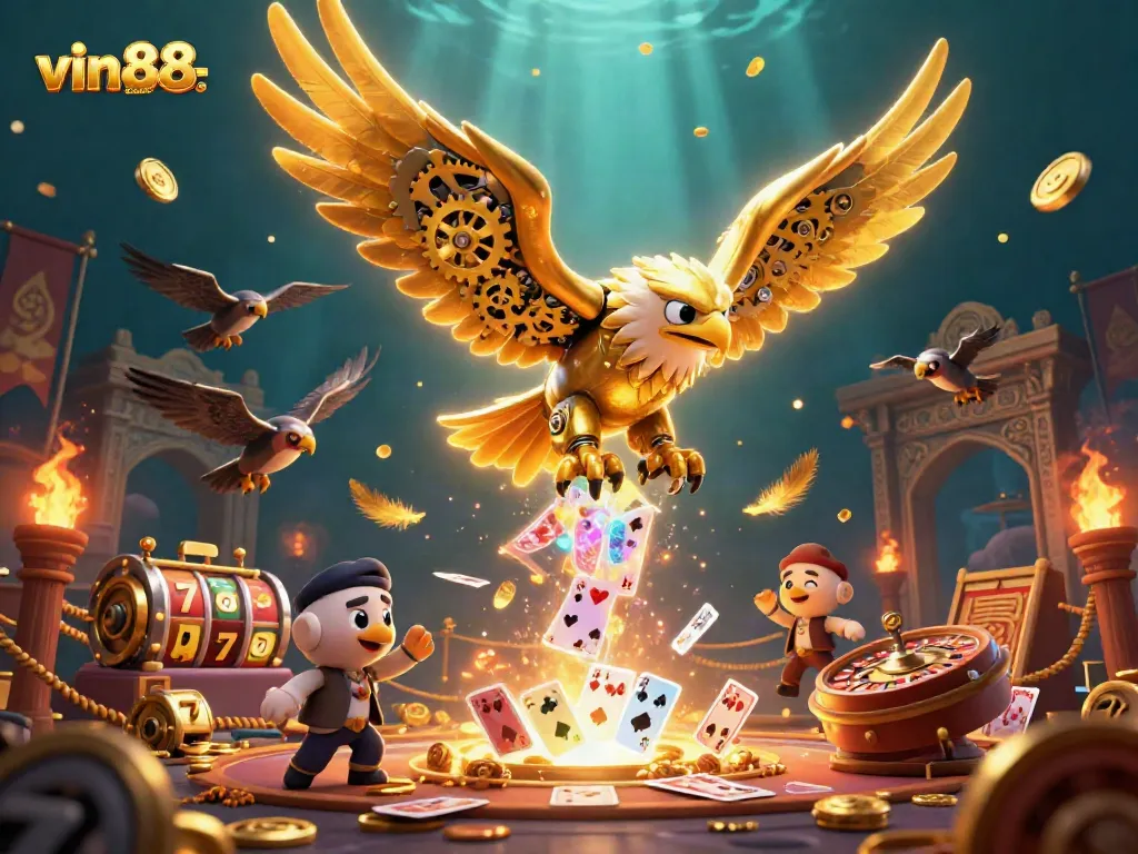 Experience thrilling gameplay at vin88-casino with a vibrant casino scene featuring golden eagle characters.