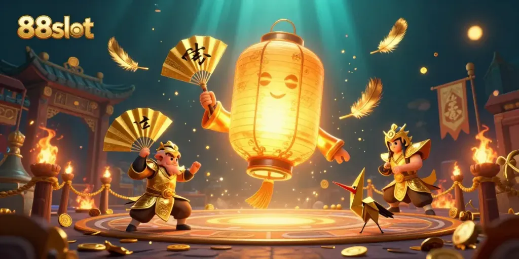 Engage with 88slot's vibrant casino atmosphere featuring lantern spirits and warriors.