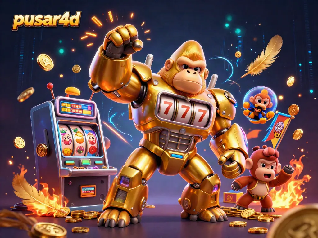 Experience the excitement of pusar4d with a dynamic 3D illustration featuring a golden gorilla mech embodying casino fun.