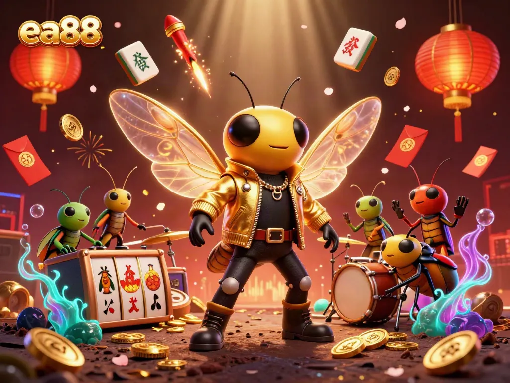 Join the buzz with ea88, where a cicada rock star takes center stage amidst vibrant gambling elements.