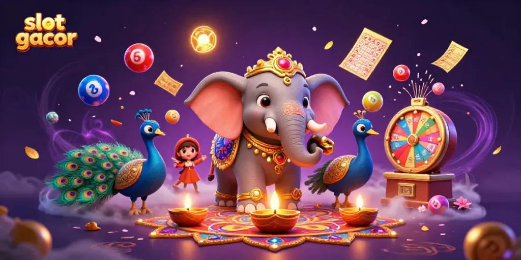 Permainan slot gacor yang seru dengan elemen judi dan lampu Diwali yang berkilauan.