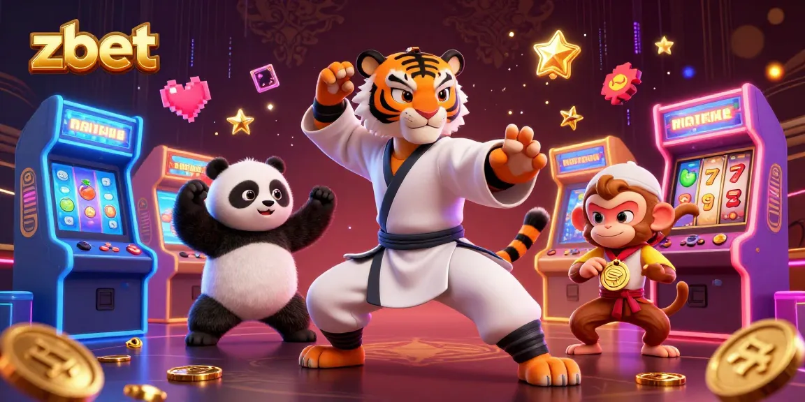 Zbet engages players with a vibrant casino-themed scene featuring a kung fu tiger and playful elements.