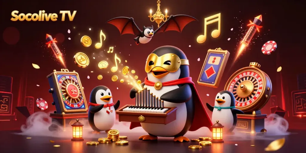 Socolive TV showcases an exciting 3D gambling scene with a charming penguin playing a golden organ, highlighting the world of online betting.