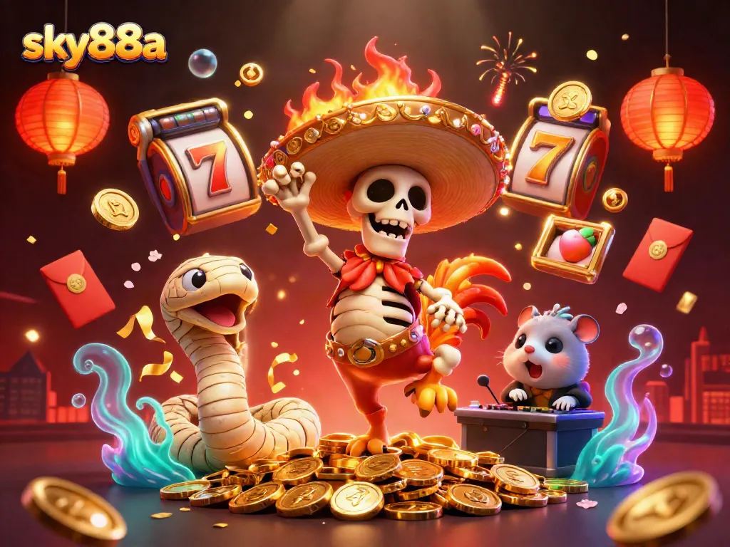 Experience the excitement of sky88a with vibrant 3D characters celebrating casino wins amidst dynamic gaming elements.