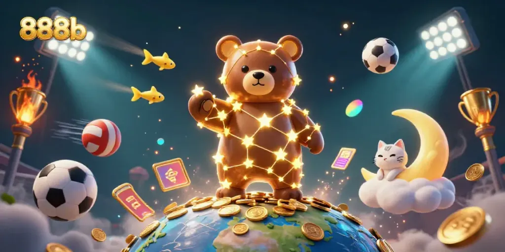 Engage with 888b's dynamic sports betting scene with golden stars, sports balls, and vibrant coins