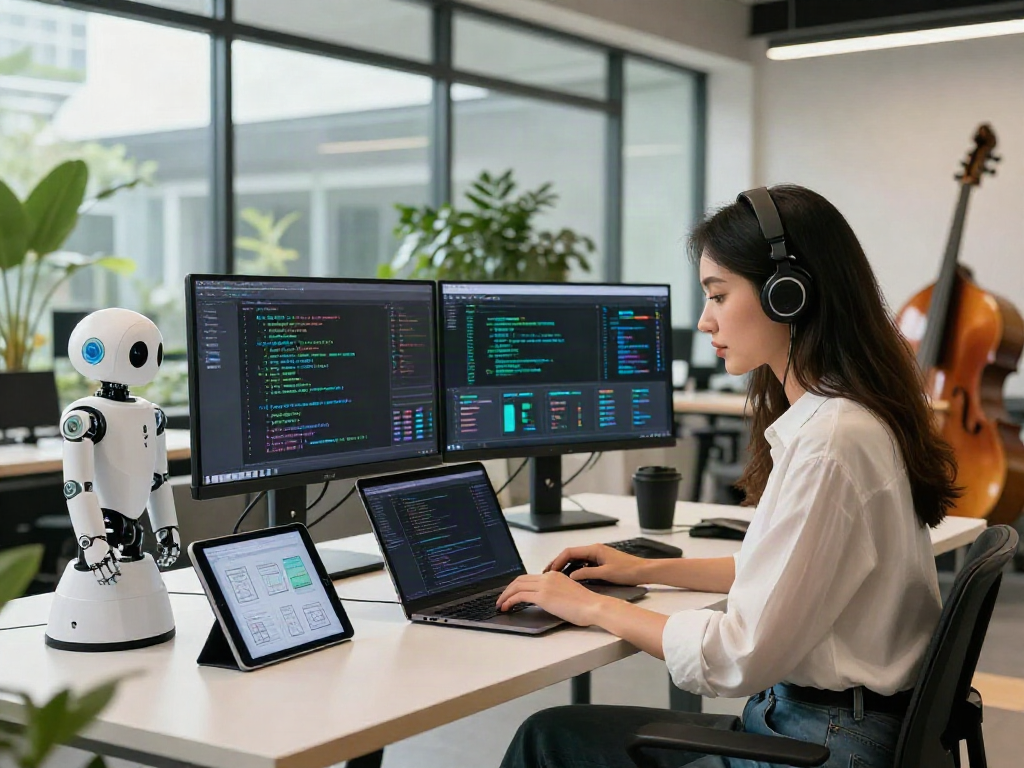 Innovative workspace with AI 18+ coding setup and vibrant atmosphere