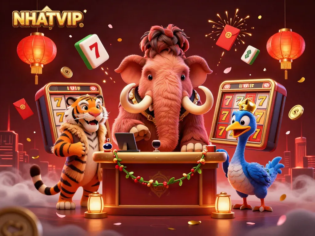 Engage with NHATVIP in a dynamic casino scene featuring a woolly mammoth bouncer and lucky slot elements.