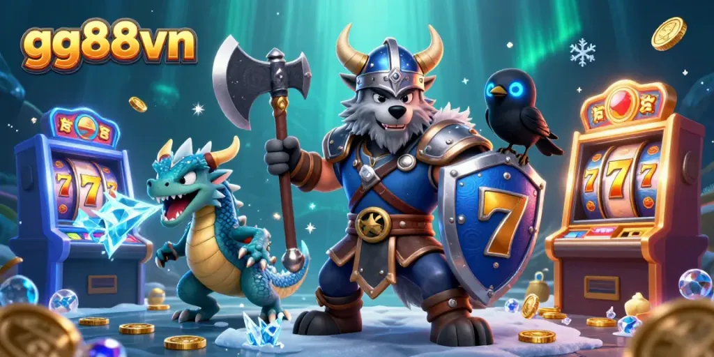 Play exciting slots with gg88vn, featuring a vibrant Viking warrior and dragon in a magical casino.