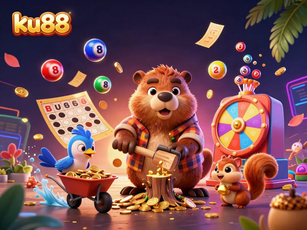 Engage with ku88's vibrant casino world featuring a beaver chopping a gold tree with winning elements.