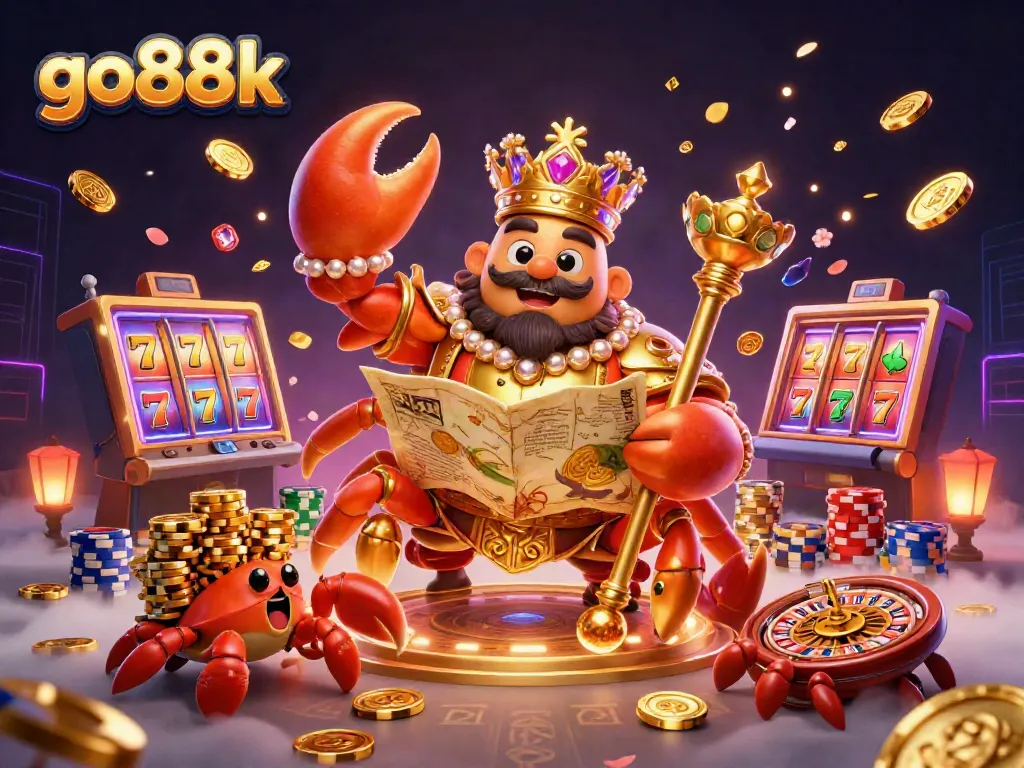 Engage with go88k's vibrant online casino scene featuring a golden crab emperor and dazzling game elements.