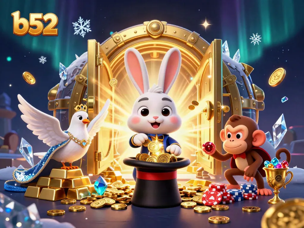 B52 online casino scene with a magical rabbit and glitzy elements entertaining gamblers.