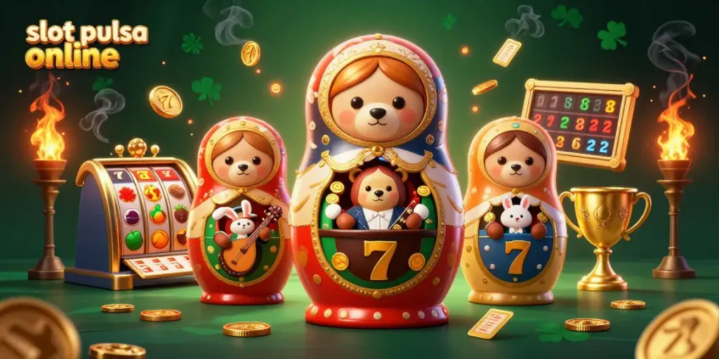 Engage in thrilling slot pulsa online games with unique characters including a Matryoshka bear amidst casino elements.