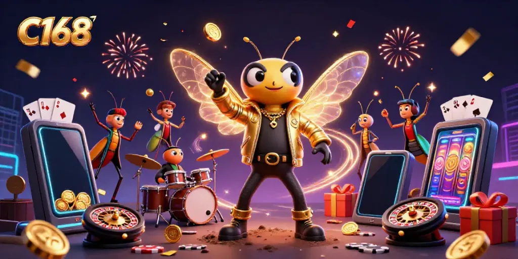Experience excitement at C168 with a lively rock star cicada and a beetle drummer amidst casino games.