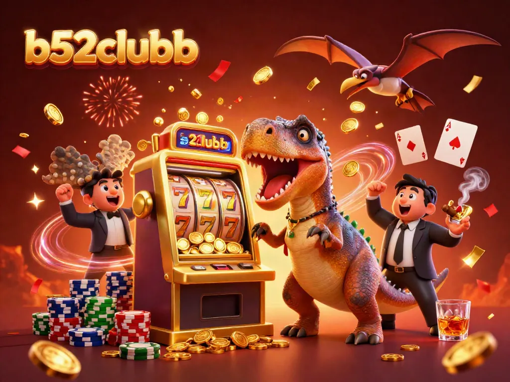 Jackpot celebration at b52clubb with characters, golden coins, and festive casino elements.