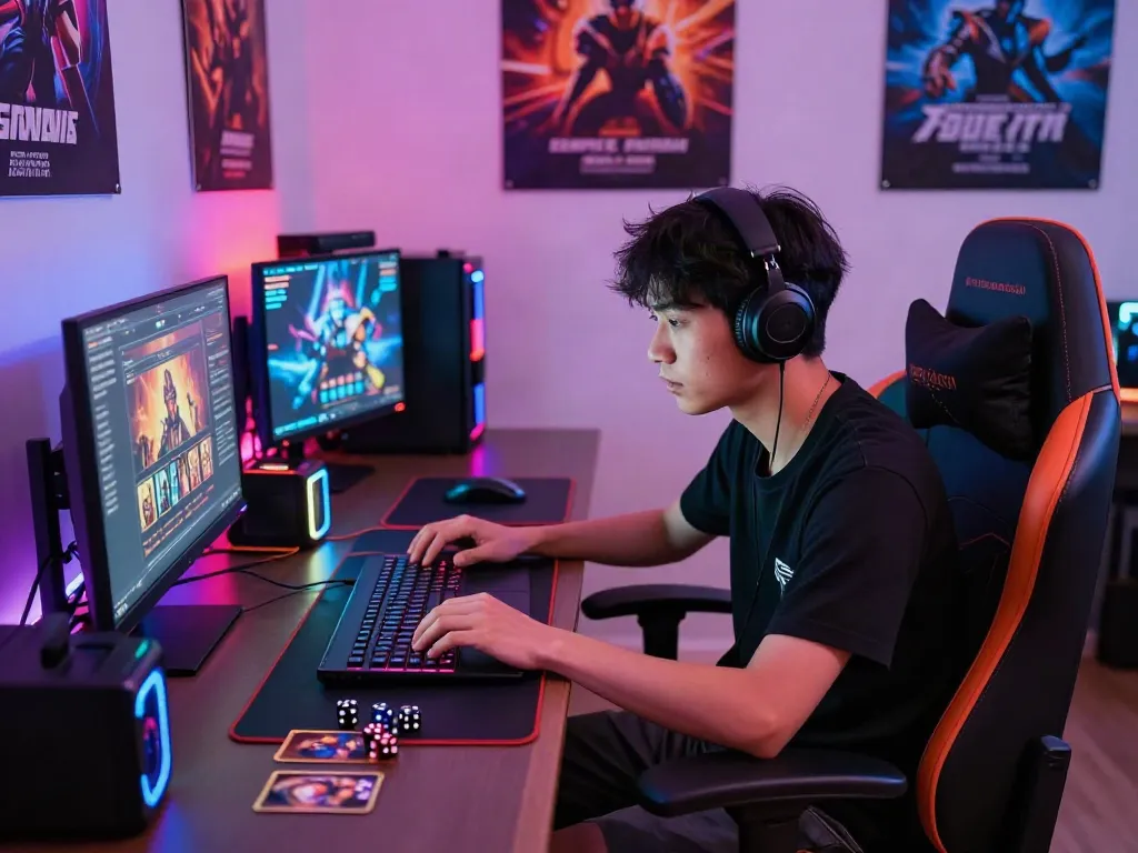 Engaged gamer at a vibrant gaming desk exploring cổng game man88 with dynamic lighting.