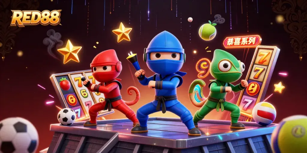 Experience RED88's thrilling slot games amidst vibrant ninja action and dynamic elements.