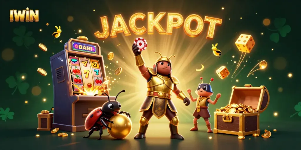 IWIN features a victorious hercules beetle in armor celebrating casino game wins, surrounded by colorful thematic elements.