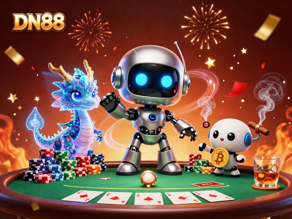 Join the excitement of DN88 with a neon cyberpunk robot mascot and vibrant poker game scenes.