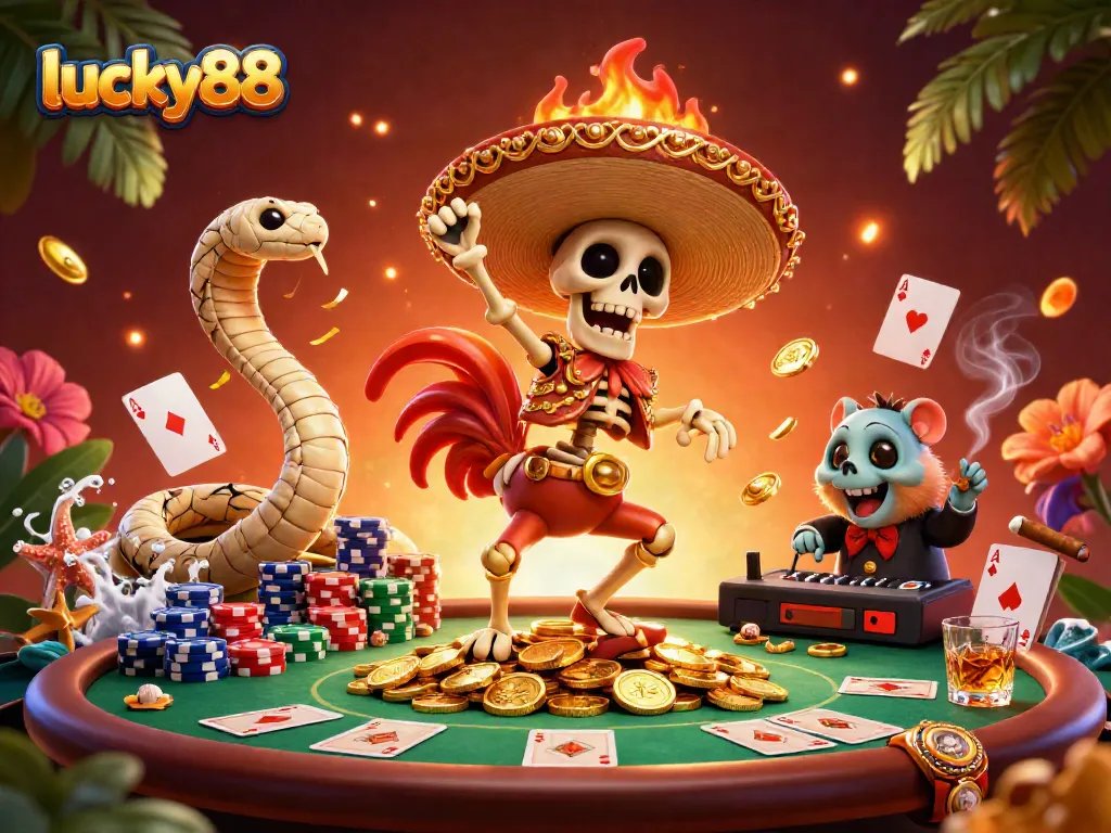 Experience winning with lucky88, a vibrant casino scene featuring a victory dance on golden coins.