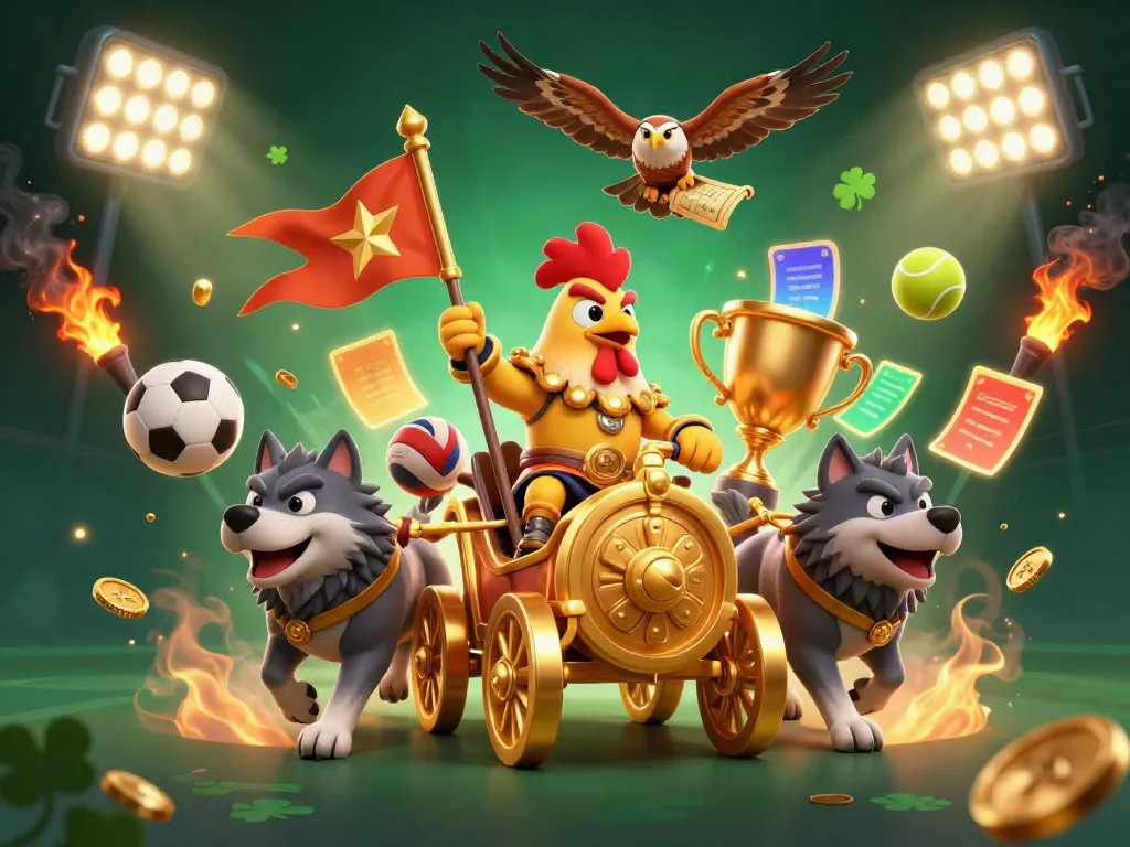 Engage with Xoilac's exhilarating action as a rooster warlord leads a dynamic sports scene filled with trophies and betting slips.