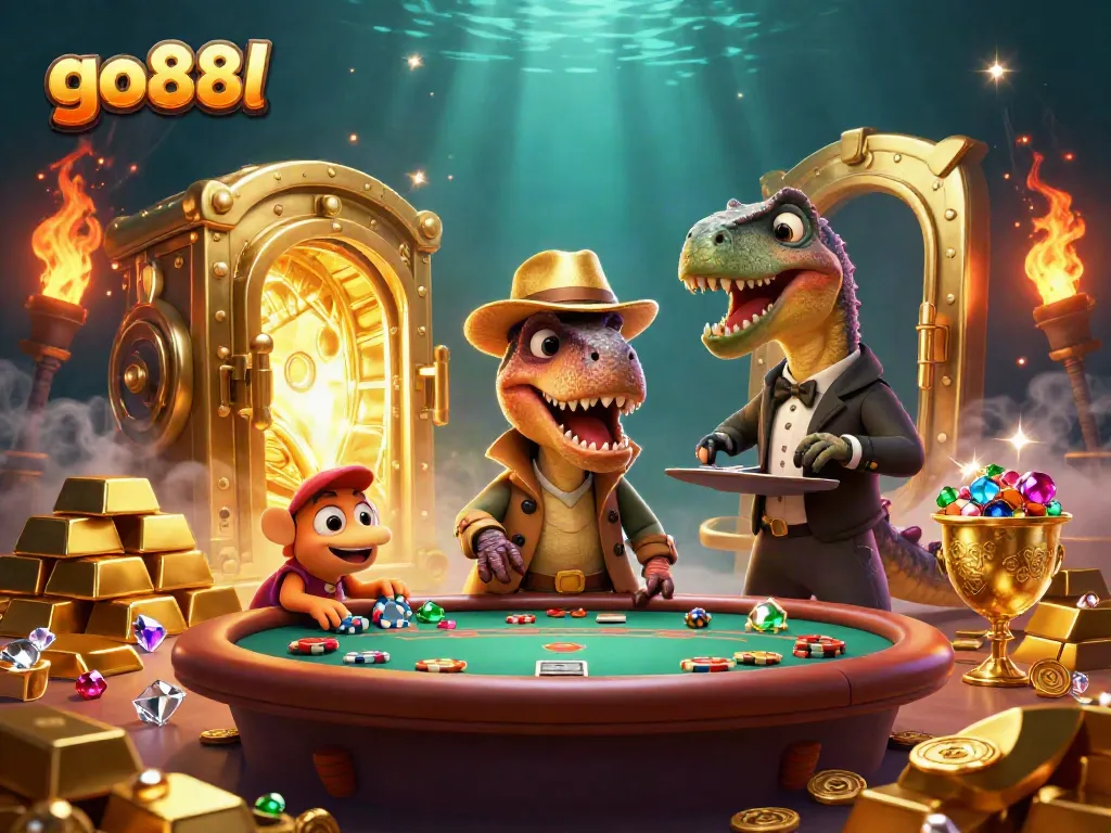 Experience thrilling gameplay at go88l with a lively scene of a velociraptor card counter at a blackjack table.