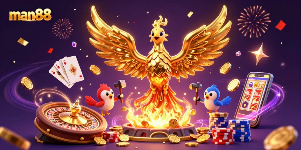 Experience thrilling wins at man88 with a dazzling 3D casino illustration showcasing golden phoenix and festive gaming elements.